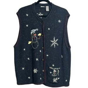 Northcrest Winter Snowman Cardigan Vest Size 22W/24W Embellished Snowflakes